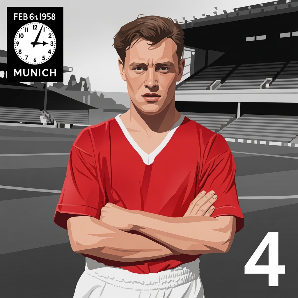 An illustration of Eddie Colman in a red United shirt, arms folded, with the Munich clock and the number 4
