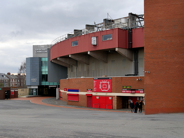 The south-east corner of Old Trafford with the Munich clock on the stand